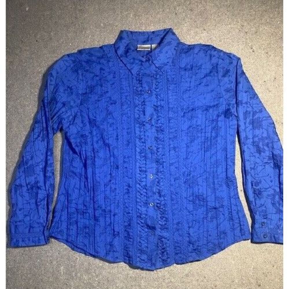 CHICO'S sz 2 blue BUTTON DOWN LARGE womens TOP long sleeve‎ RUFFLE
